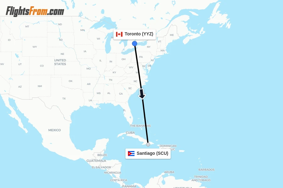 Flights from Toronto to Santiago route map