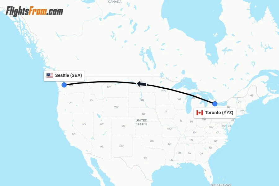 Flights from Toronto to Seattle route map