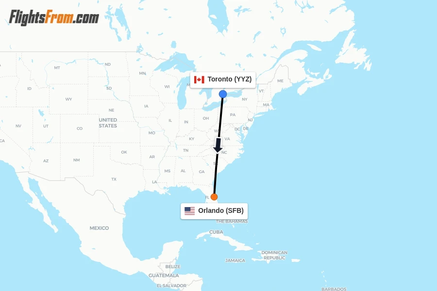 Flights from Toronto to Orlando route map