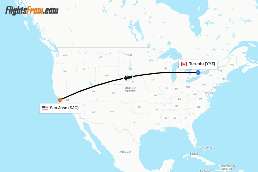 Flights from Toronto to San Jose route map