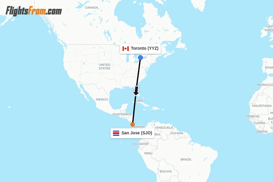 Flights from Toronto to San Jose route map