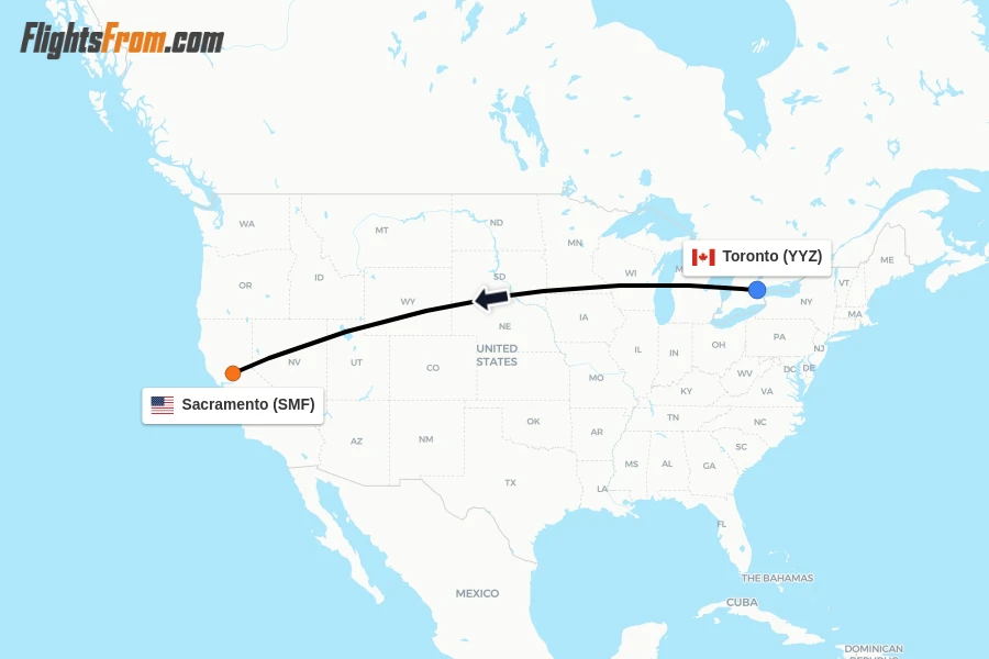 Flights from Toronto to Sacramento route map