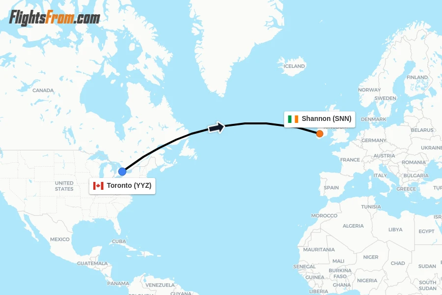 Flights from Toronto to Shannon route map