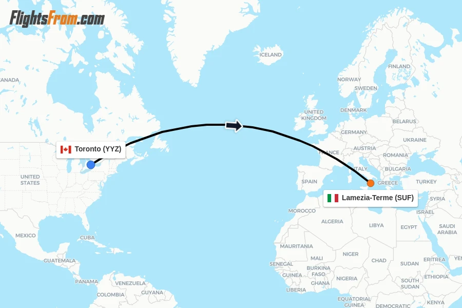 Flights from Toronto to Lamezia-Terme route map