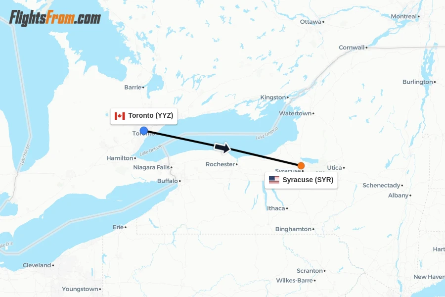 Flights from Toronto to Syracuse route map