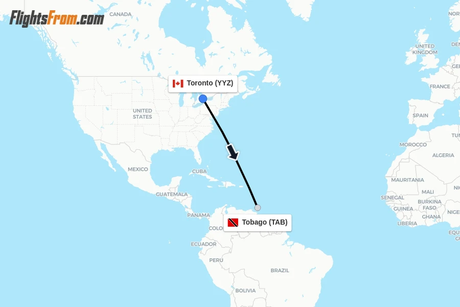 Flights from Toronto to Tobago route map