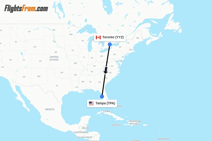Flights from Toronto to Tampa route map