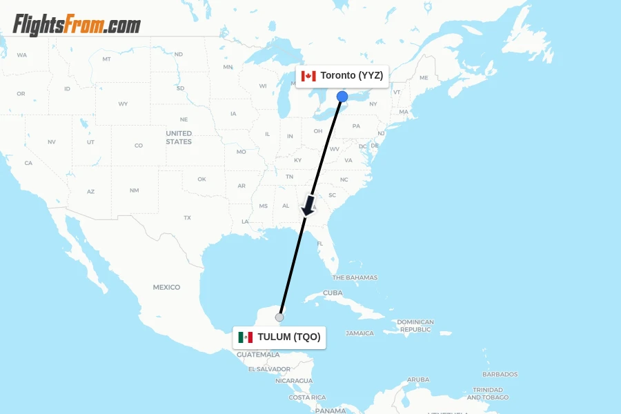 Flights from Toronto to TULUM route map