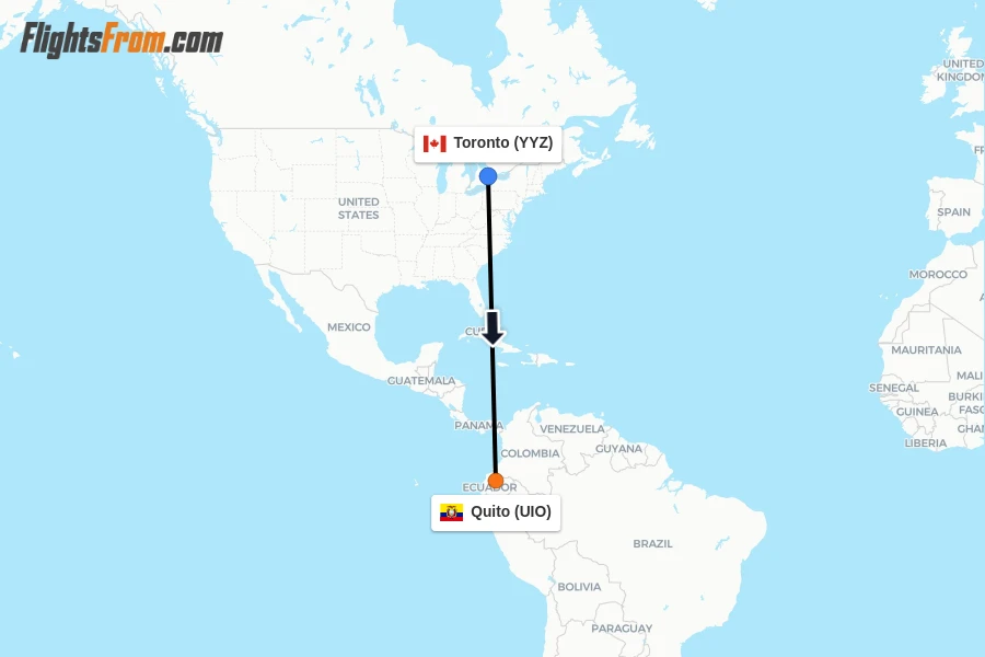 Flights from Toronto to Quito route map