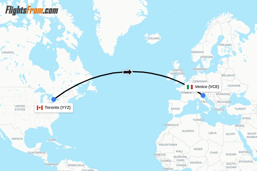 Flights from Toronto to Venice route map
