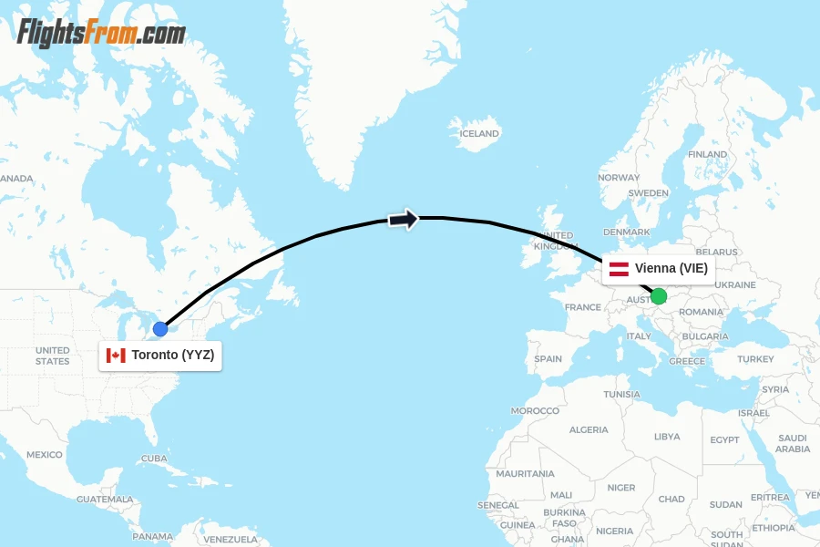 Flights from Toronto to Vienna route map