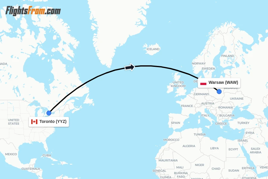 Flights from Toronto to Warsaw route map