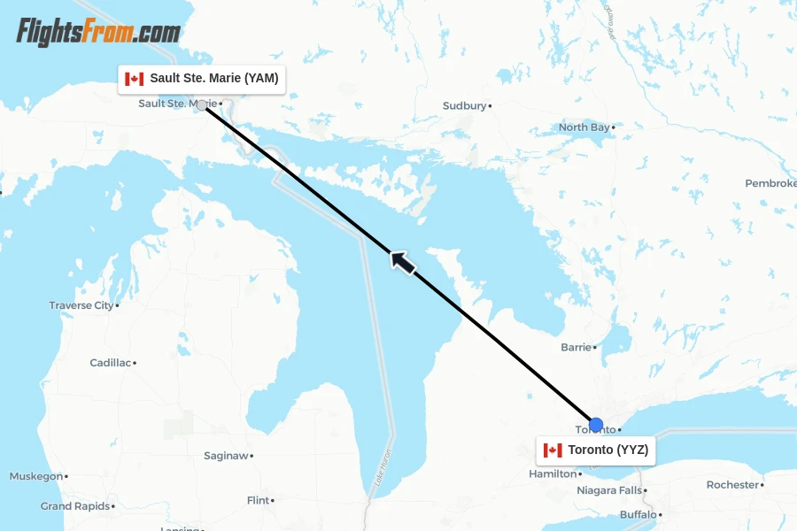 Flights from Toronto to Sault Ste. Marie route map