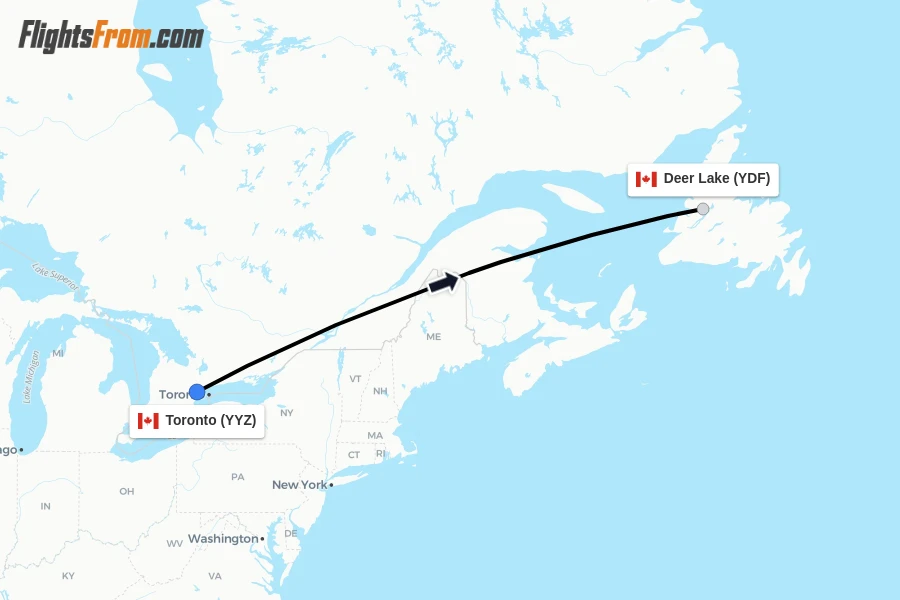 Flights from Toronto to Deer Lake route map
