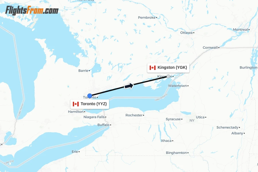 Flights from Toronto to Kingston route map
