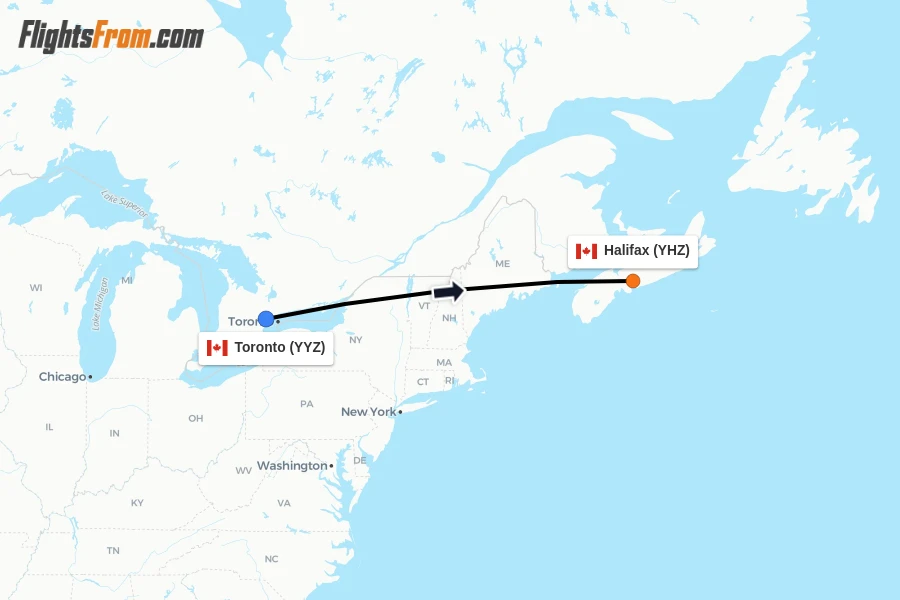 Flights from Toronto to Halifax route map