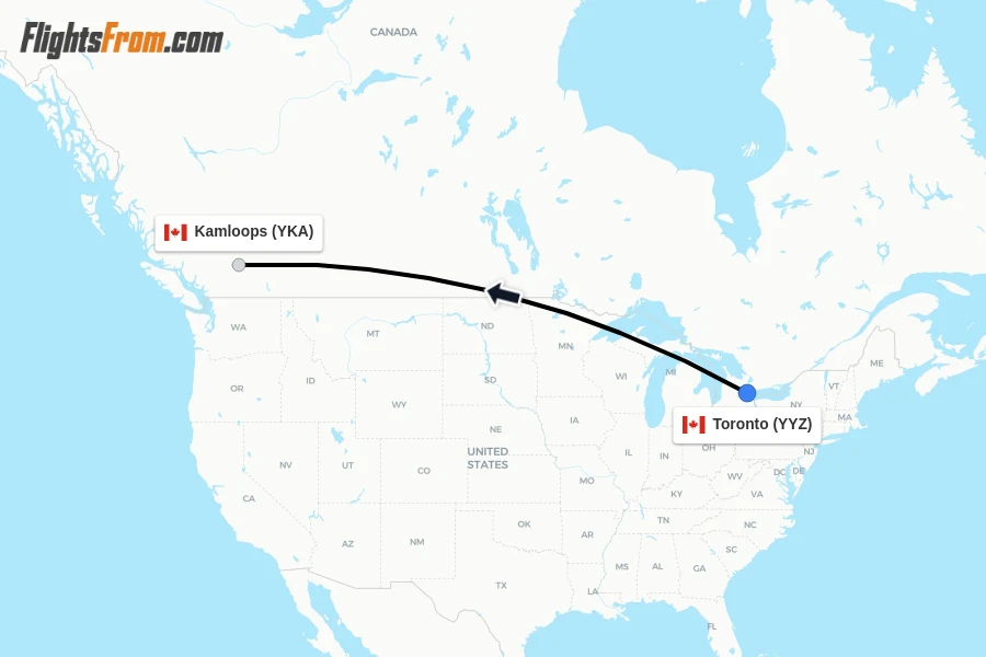 Flights from Toronto to Kamloops route map
