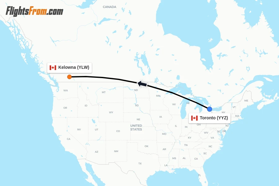 Flights from Toronto to Kelowna route map