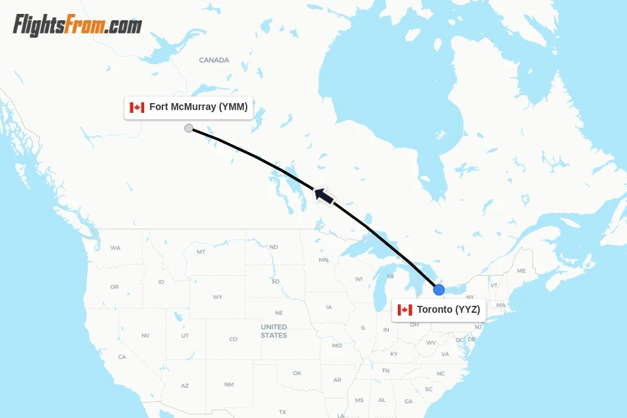 Flights from Toronto to Fort McMurray route map