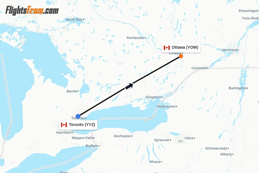 Flights from Toronto to Ottawa route map