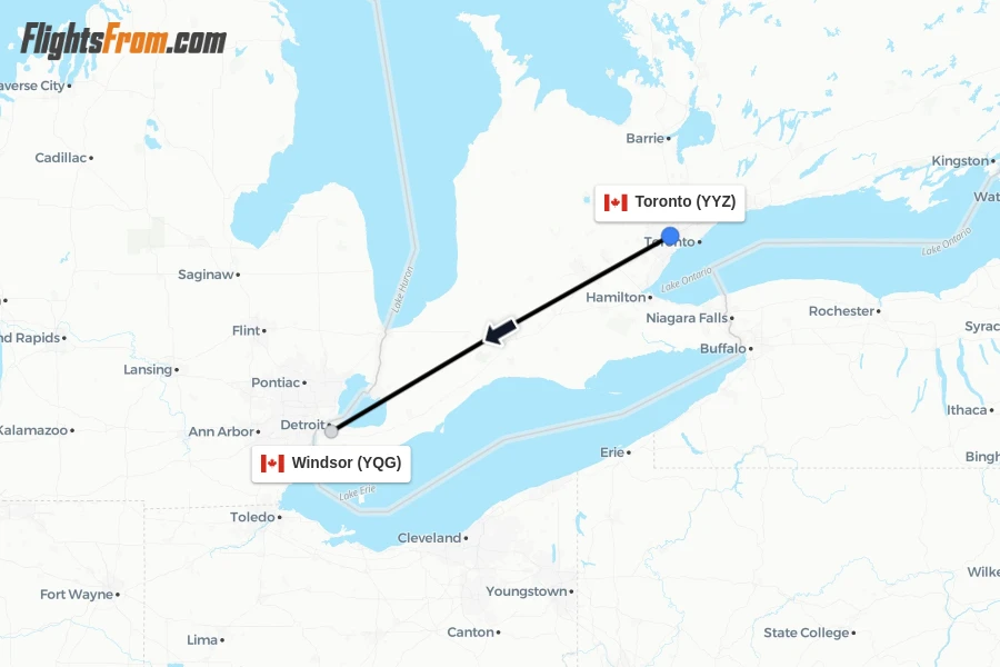 Flights from Toronto to Windsor route map