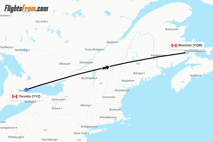 Flights from Toronto to Moncton route map