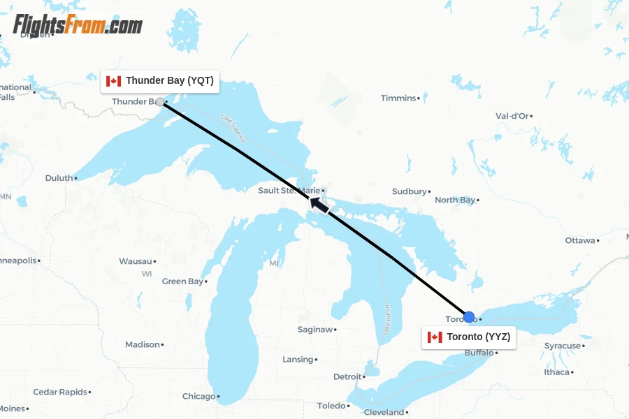 Flights from Toronto to Thunder Bay route map