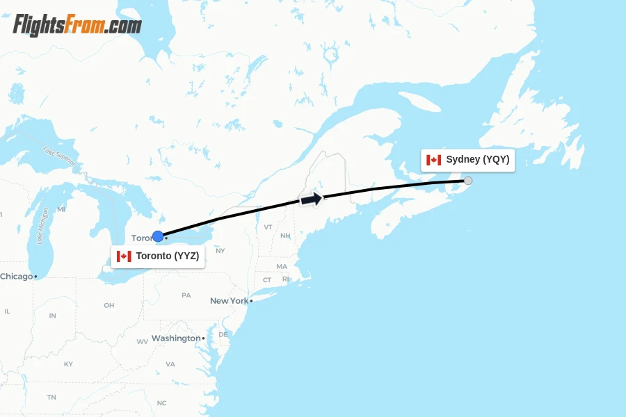 Flights from Toronto to Sydney route map