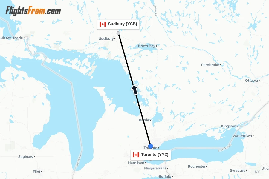 Flights from Toronto to Sudbury route map
