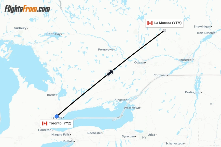 Flights from Toronto to La Macaza route map