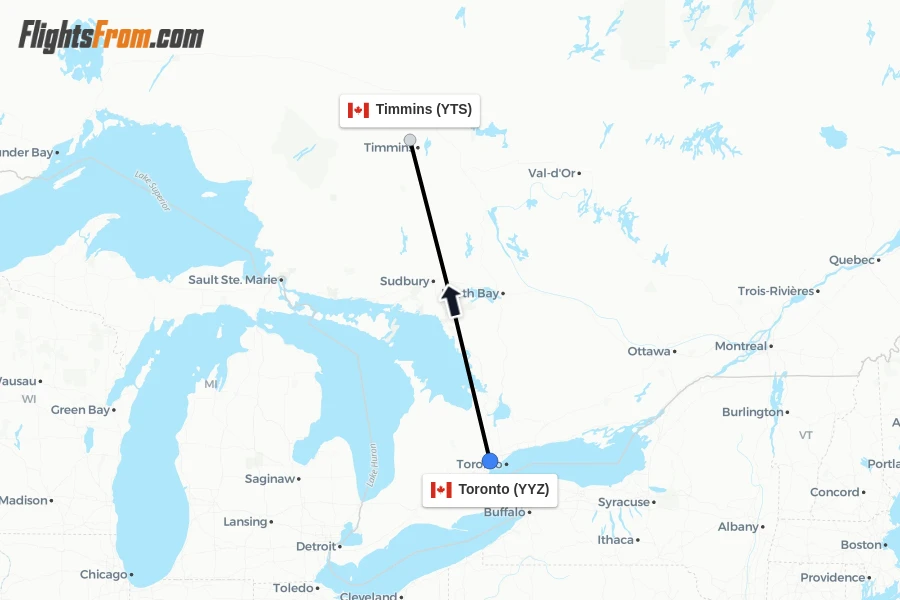 Flights from Toronto to Timmins route map