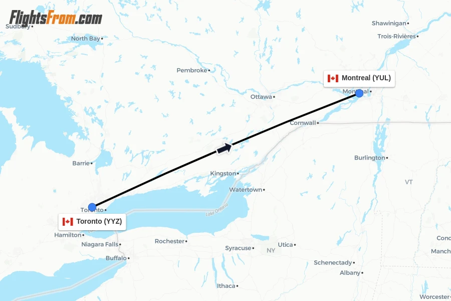 Flights from Toronto to Montreal route map