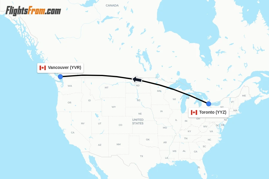 Flights from Toronto to Vancouver route map