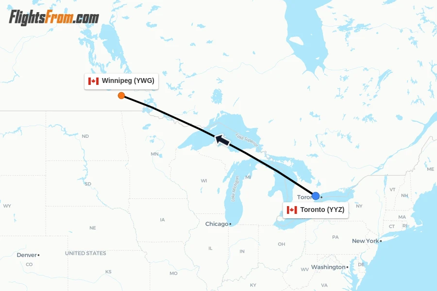 Flights from Toronto to Winnipeg route map