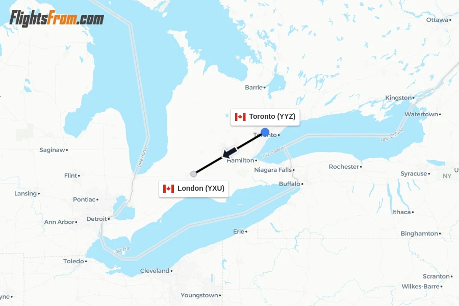 Flights from Toronto to London route map