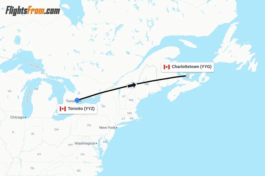 Flights from Toronto to Charlottetown route map