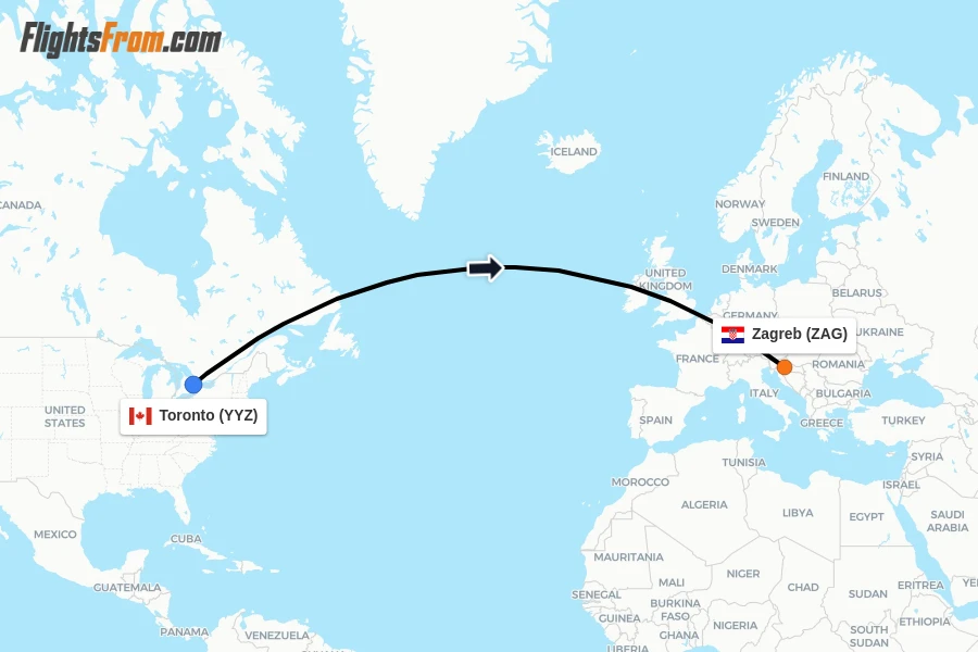 Flights from Toronto to Zagreb route map
