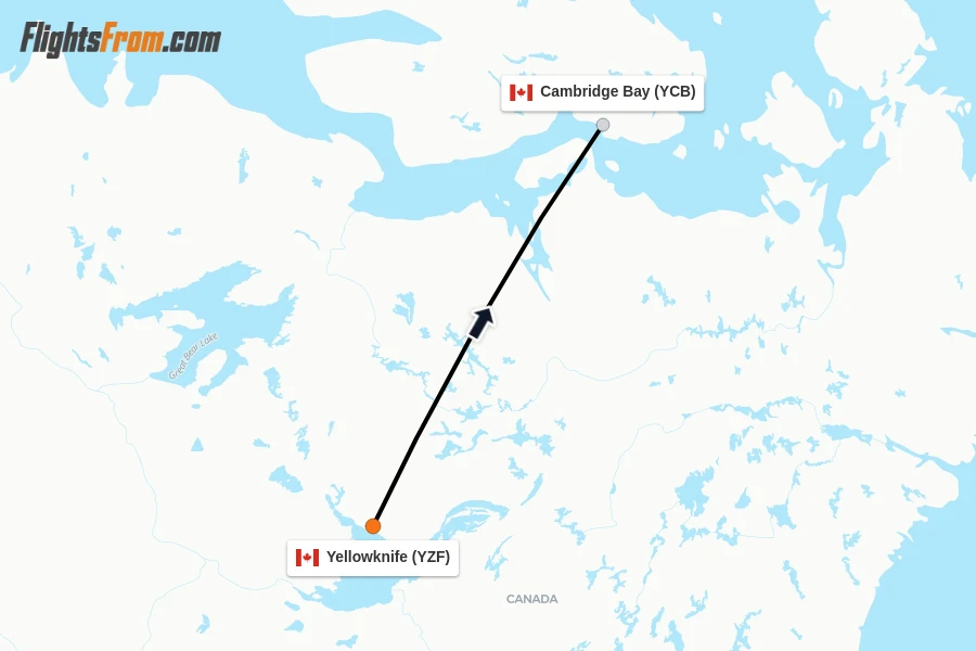 Flights from Yellowknife to Cambridge Bay route map