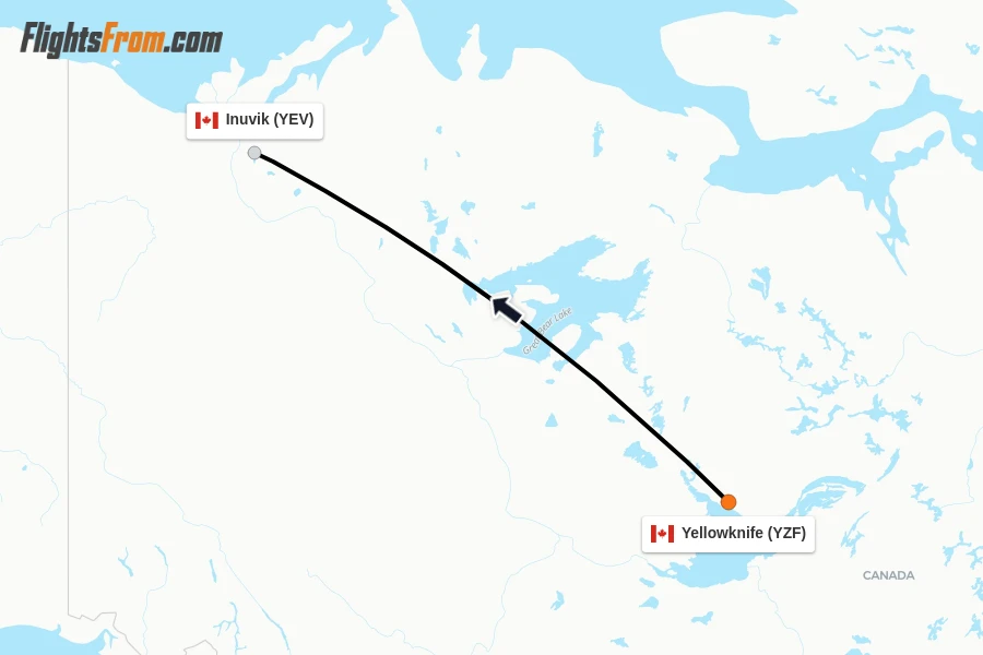 Flights from Yellowknife to Inuvik route map