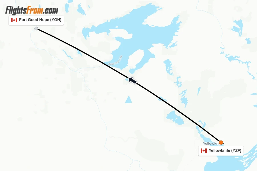 Flights from Yellowknife to Fort Good Hope route map