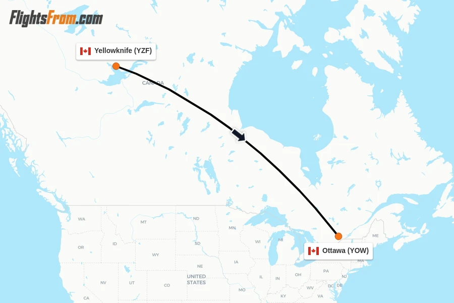 Flights from Yellowknife to Ottawa route map