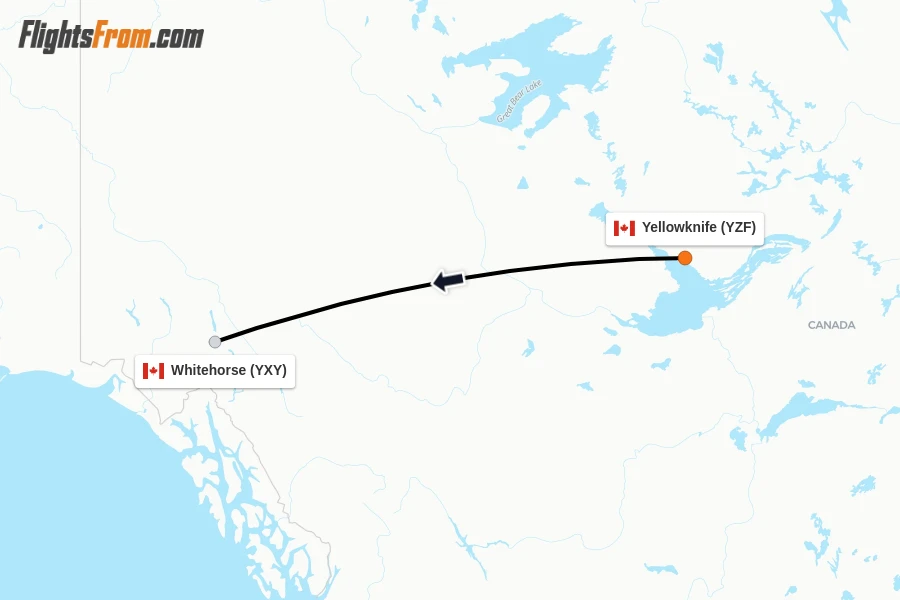 Flights from Yellowknife to Whitehorse route map