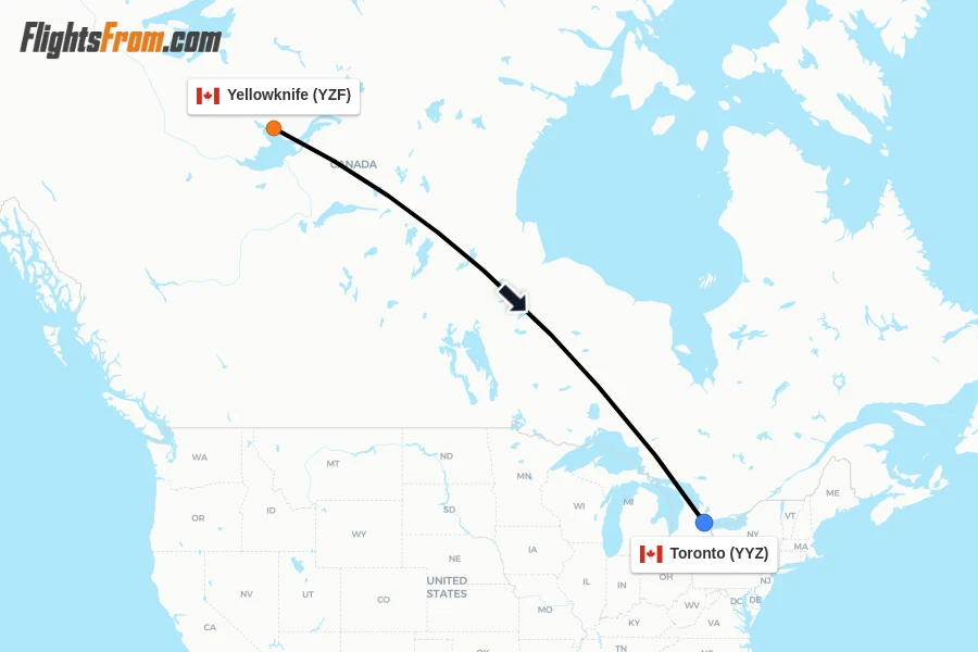 Flights from Yellowknife to Toronto route map