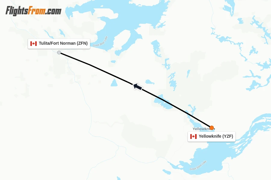 Flights from Yellowknife to Tulita/Fort Norman route map
