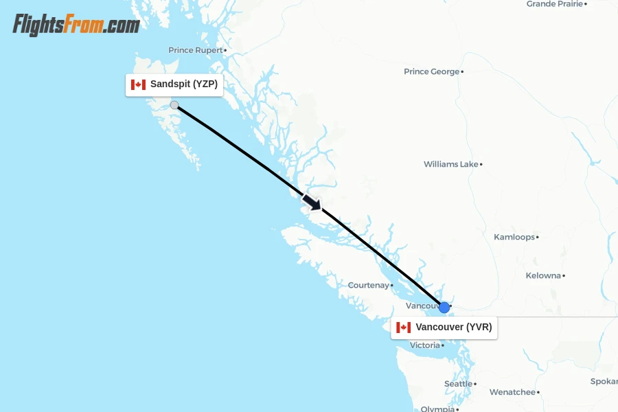 Flights from Sandspit to Vancouver route map