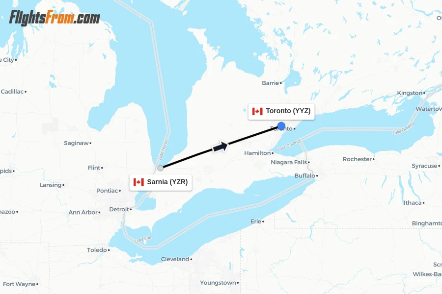 Flights from Sarnia to Toronto route map