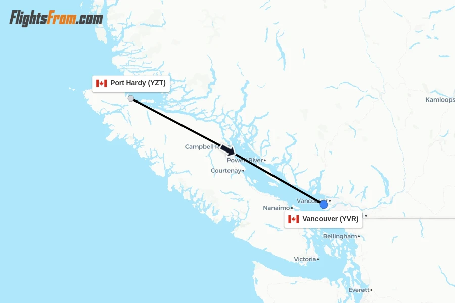 Flights from Port Hardy to Vancouver route map