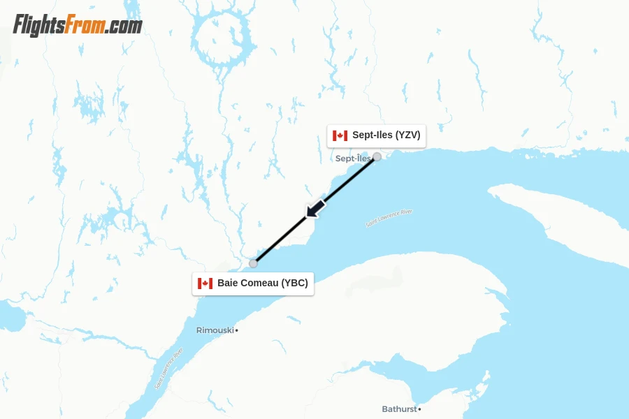 Flights from Sept-Iles to Baie Comeau route map