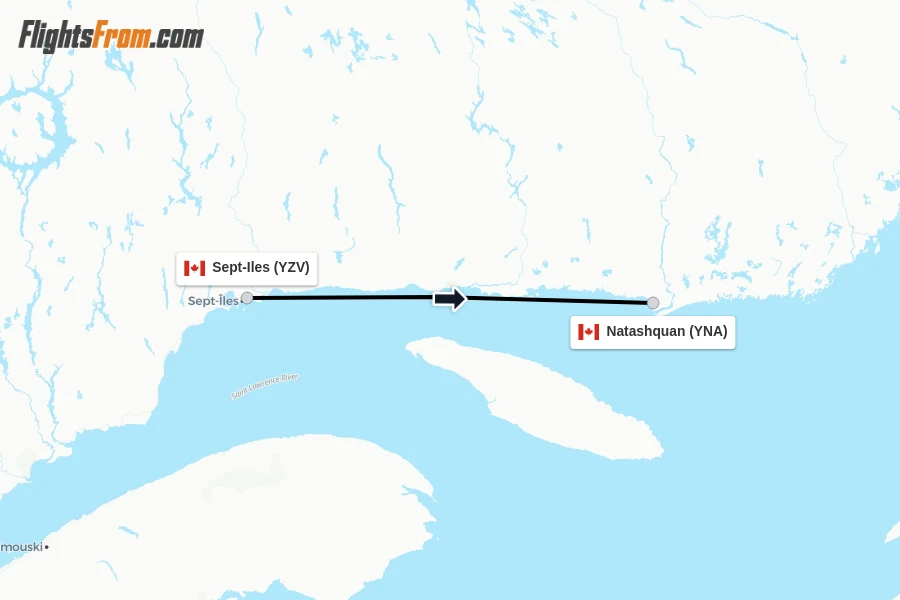 Flights from Sept-Iles to Natashquan route map