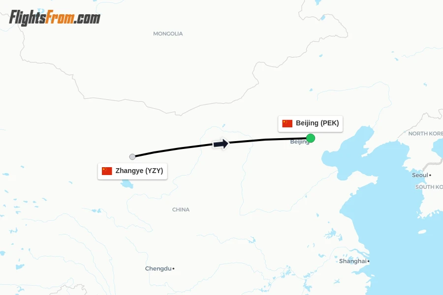 Flights from Zhangye to Beijing route map